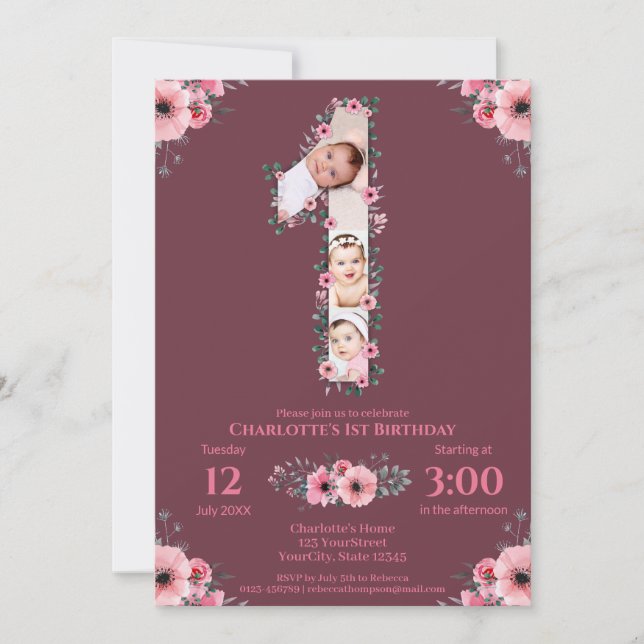 Invitation Gros 1er anniversaire fille photo Collage Fleur ro (Devant)