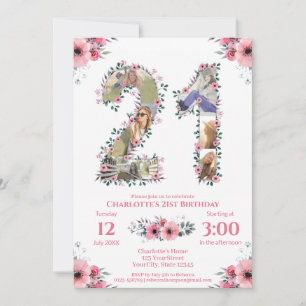 Invitation Gros 21e anniversaire Photo Collage Rose Fleur Bla