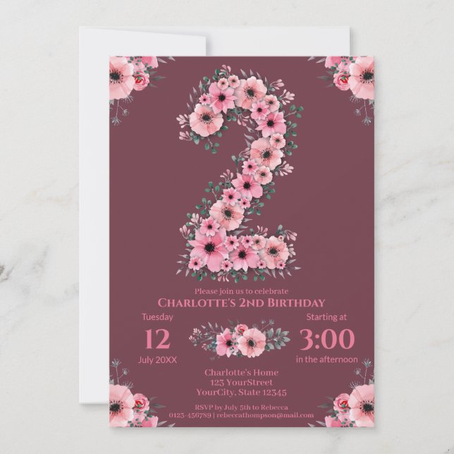 Invitation Gros 2e anniversaire Fleurs roses Fille Foliage ve (Devant)