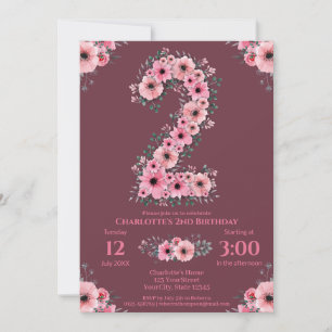 Invitation Gros 2e anniversaire Fleurs roses Fille Foliage ve