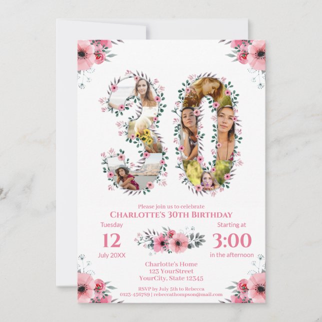 Invitation Gros 30e anniversaire Photo Collage Rose Fleur Bla (Devant)