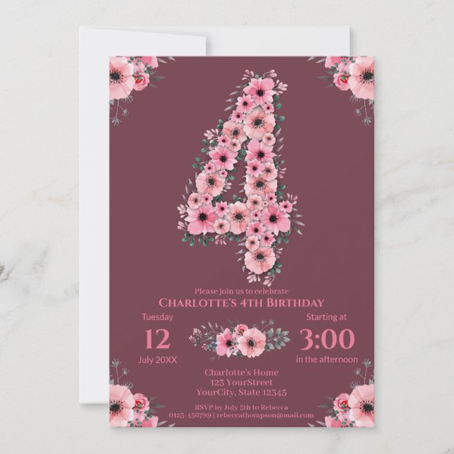 Invitation Gros 4e anniversaire Fleurs roses Fille Foliage ve (Devant)