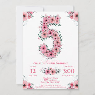 Invitation Gros 5e anniversaire Volage vert Fille Fleurs rose