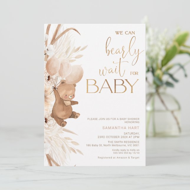 Invitation Gros Boho Floral Bearly Wait for Baby Baby shower (Debout devant)