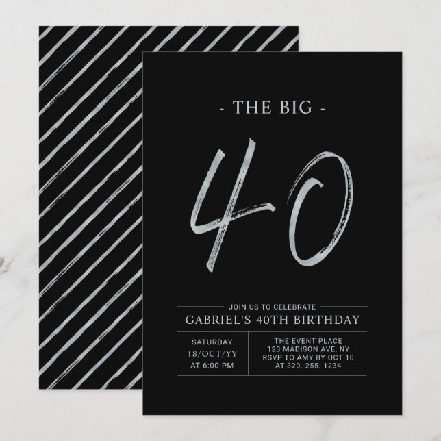 Invitation Gros Quarante | Fête de l'Argent et du Noir 40e an (Devant / Derrière)