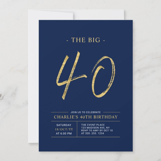 Invitation Gros Quarante | Gold & Navy Blue 40th Birthday Par (Devant)
