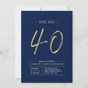 Invitation Gros Quarante   Gold & Navy Blue 40th Birthday Par