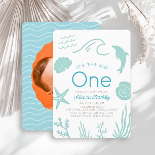 Invitation Grosse Vague Turquoise Garçon Photo 1er Anniversai