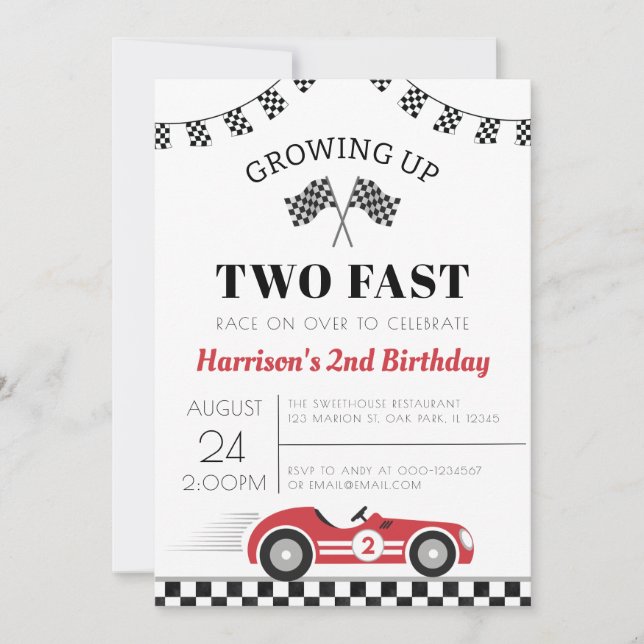 Invitation Grossing Up Two Fast Race Car Boy 2e anniversaire (Devant)