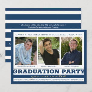 Invitation Group Graduation Party Three Photo Blue