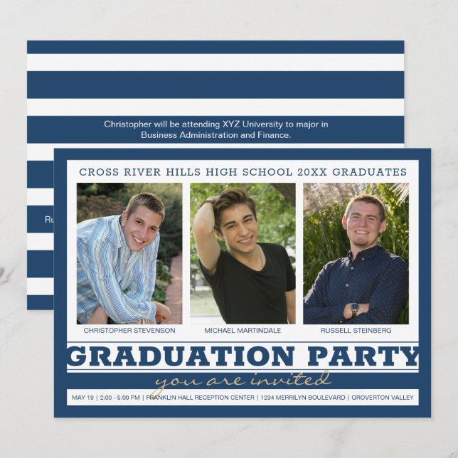 Invitation Group Graduation Party Three Photo Blue (Devant / Derrière)