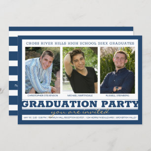 Invitation Group Graduation Party Three Photo Blue