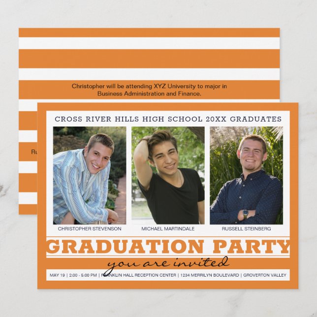 Invitation Groupe Graduation Party 3 Photos Orange Noir (Devant / Derrière)