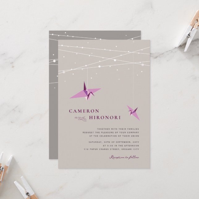 Invitation Grues en papier violet Fairy Lights Mariage asiati (Devant/Arrière en situation)