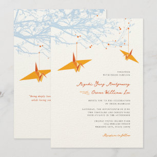Invitation Grues origami orange suspendus et citation d'amour