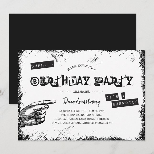 Invitation Grunge Black and White Surprise Birthday Party (Devant / Derrière)