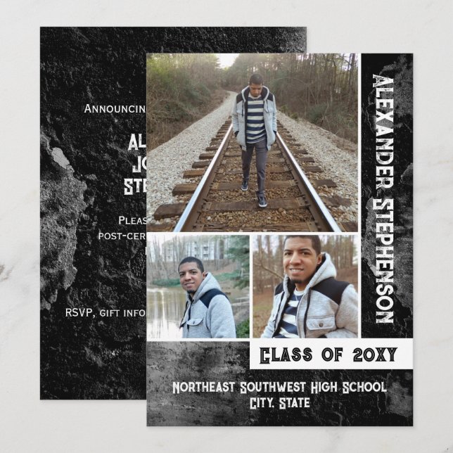 Invitation Grunge Concrete 3 Photo Boys Guys Graduation (Devant / Derrière)