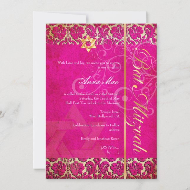 Invitation Grunge Damask Bat mitzvah/fraise court (Devant)