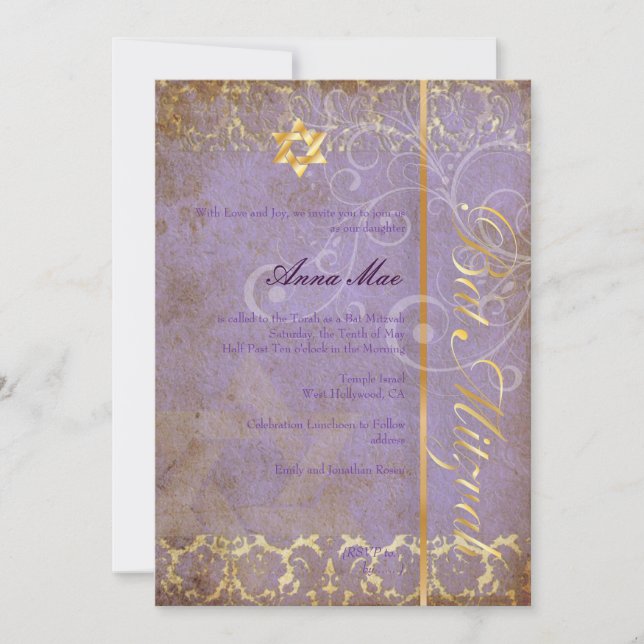 Invitation Grunge Damask Bat mitzvah/lilas/or (Devant)
