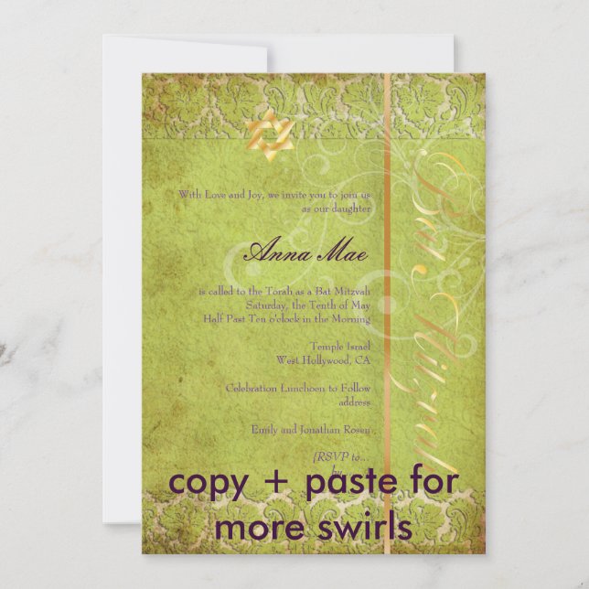 Invitation Grunge Damask Bat mitzvah/vert/or (Devant)
