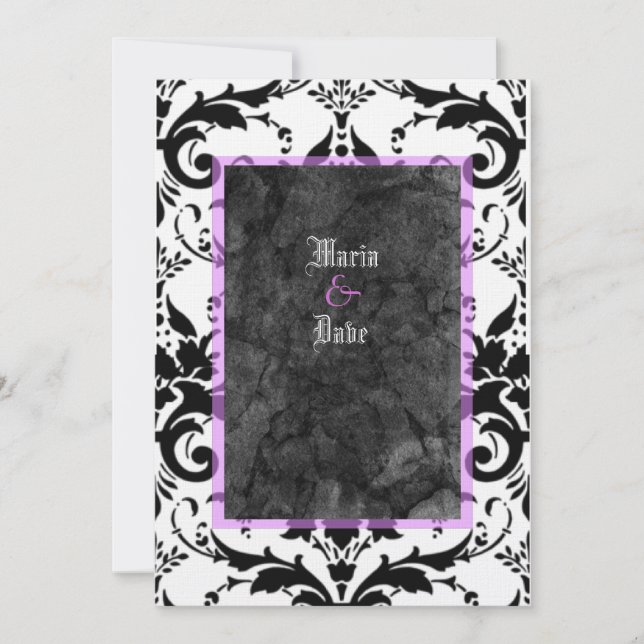Invitation Grunge Goth Black White Damask Lavender Mariage (Devant)