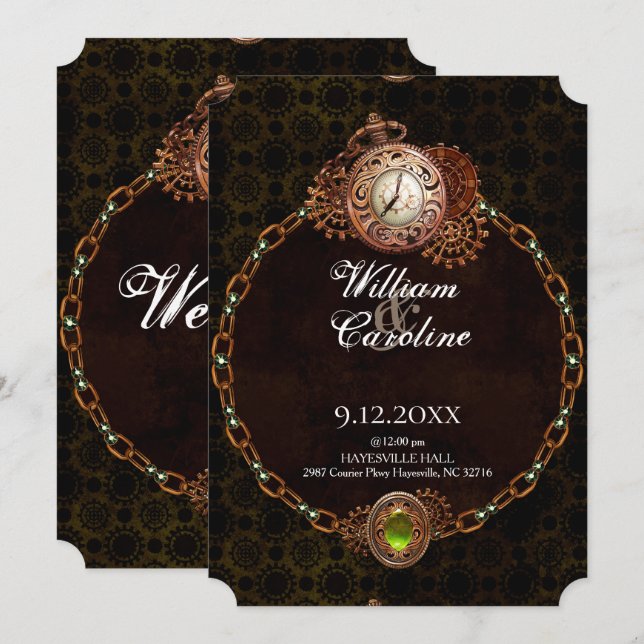 Invitation Grunge Steampunk Gears and Clock Vintage Wedding (Devant / Derrière)