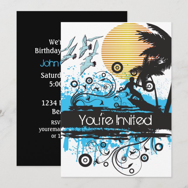 Invitation Grunge Surfing Plage tropicale Anniversaire Fête (Devant / Derrière)