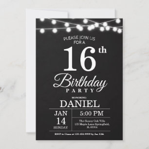 Invitation Guirlande de lumières noires mates pour 16e annive
