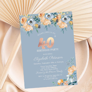 Invitation Guirlande de Roses Bleu Poussiéreux 40ème Annivers