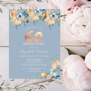 Invitation Guirlande de Roses Bleu Poussiéreux 60ème Annivers