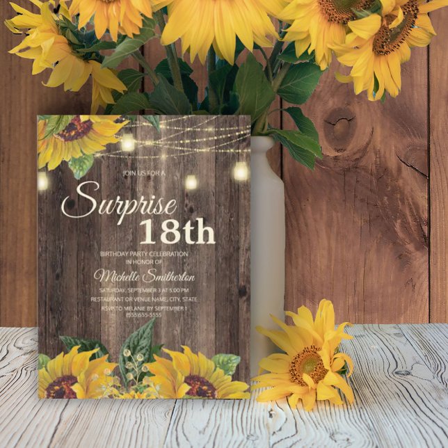 Invitation Guirlande de tournesols rustique Surprise 18 ans (Créateur téléchargé)