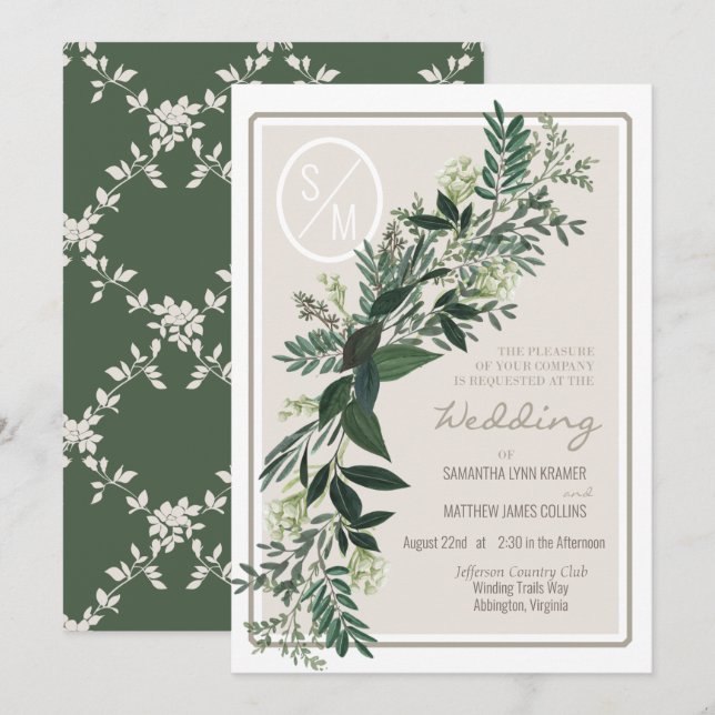 Invitation Guirlande de verdure élégante Fougères et baies (Devant / Derrière)