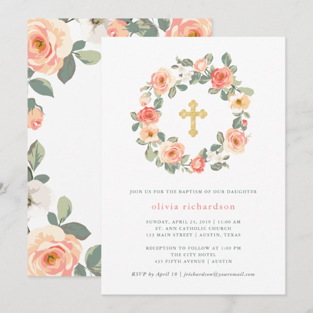 Invitation Guirlande florale de jolie pêche avec le baptême (Devant / Derrière)
