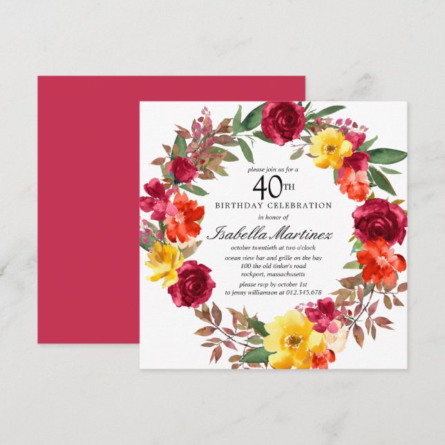 Invitation Guirlande florale orange bordeaux 40e anniversaire (Devant / Derrière)