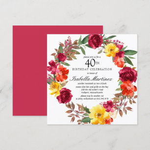 Invitation Guirlande florale orange bordeaux 40e anniversaire