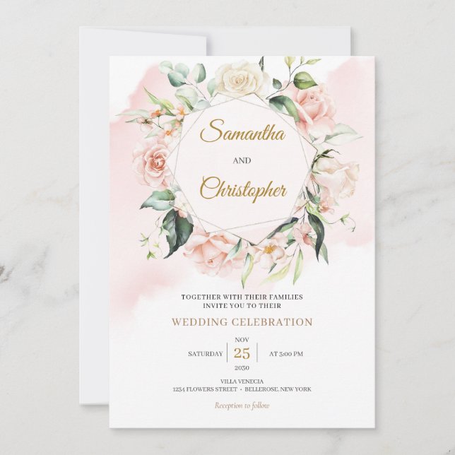 Invitation Guirlande florale rose boho eucalyptus or (Devant)
