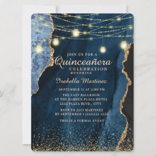 Invitation Guirlande Lumineuse Bleu Nuit Paillettes Dorées Qu