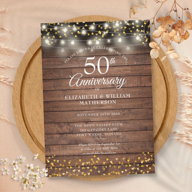 Invitation Guirlande lumineuse cœurs en or rustique 50e anniv (50th Anniversary Rustic Gold Hearts String Lights Invitation)