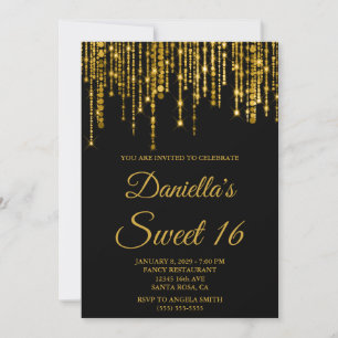 Invitation Guirlande Lumineuse Dorée Étincelante Sweet 16 Noi
