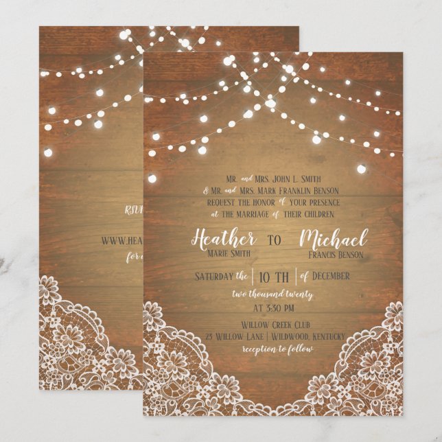 Invitation Guirlande Lumineuse en Bois Rustique avec Dentelle (Devant / Derrière)