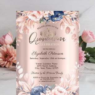 Invitation Guirlande Lumineuse Fleurs Bleues Rose Gold Quince