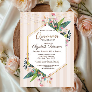 Invitation Guirlande Lumineuse Fleurs Rayures Bois Quinceañer