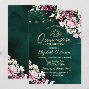 Invitation Guirlande Lumineuse Fleurs Roses Quinceañera Verte