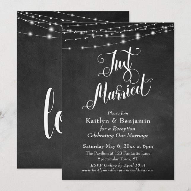 Invitation Guirlande Lumineuse Tableau Noir Mariés Réception  (Devant / Derrière)
