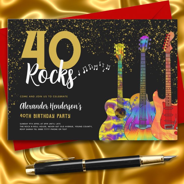 Invitation Guitare 40e anniversaire de la Parties scintillant (Rock and roll guitar 40th birthday party black and gold invitation 40 rocks funky music)