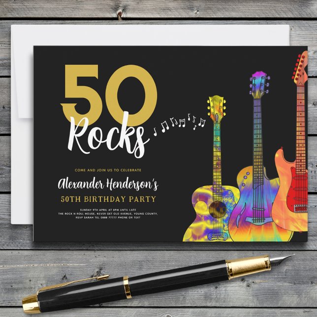 Invitation Guitare 50 roches fête du 50e anniversaire (50 rocks cool guitar 50th birthday party invitation gold and black)