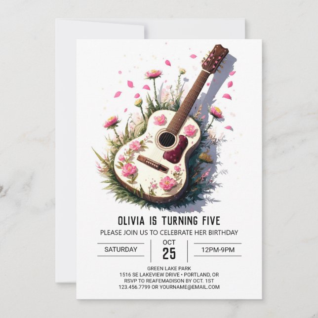 Invitation Guitare acoustique rose Anniversaire (Devant)