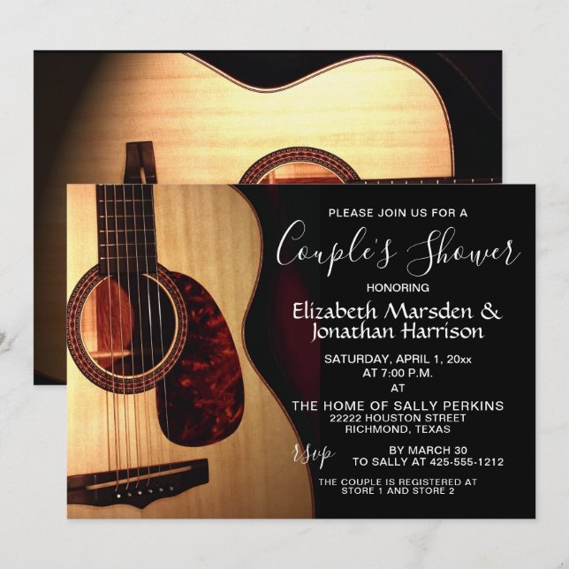 Invitation Guitare moderne Musical Handlettered Couple's Show (Devant / Derrière)
