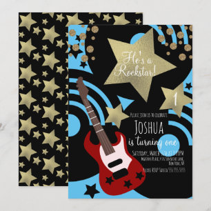 Invitation Guitare Rockstar Garçon Fausse Étoile en Or Doré p