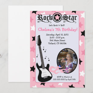 Invitation Guitare Rose Rock Star *PHOTO* Anniversaire 5x7